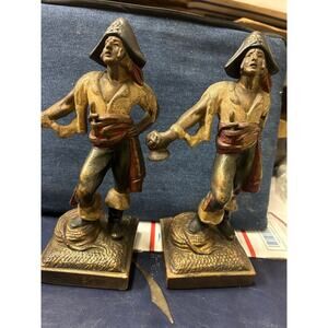 Antique Pompeian Bronze Co. NY Paul Herzel Painted Pirate Bookend Set Book Ends